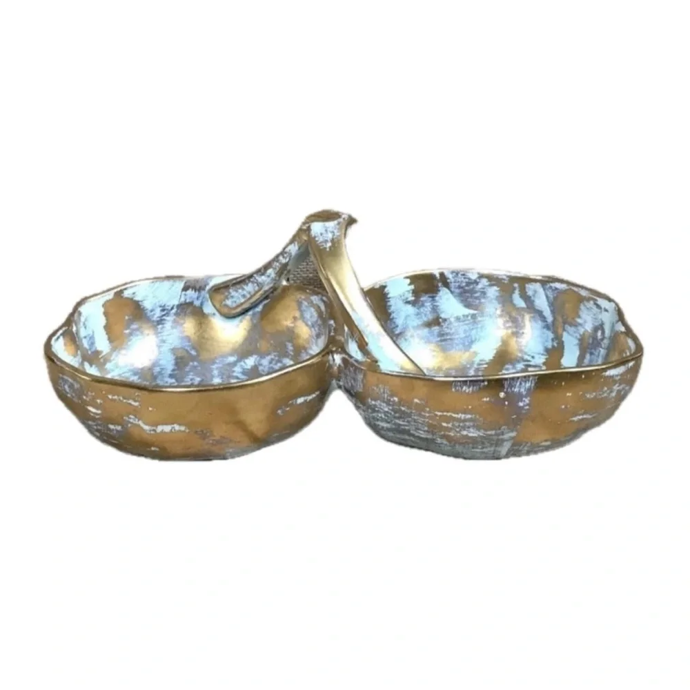 Stangl 22 Kt Antique Gold Divided Basket Two Compartment Dish Hand Painted